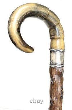 Vintage Antique Sterling Silver Irish Blackthorn Carved Horn Walking Stick Cane
