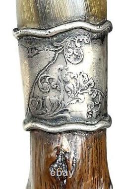 Vintage Antique Sterling Silver Irish Blackthorn Carved Horn Walking Stick Cane