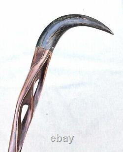 Vintage Antique UnusualFolk Art Horn Handle Carved Wood Knob Walking Stick Cane