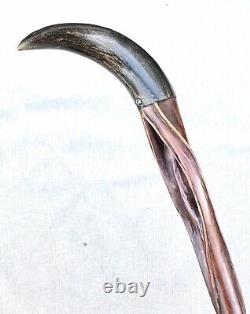 Vintage Antique UnusualFolk Art Horn Handle Carved Wood Knob Walking Stick Cane