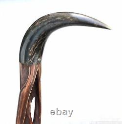 Vintage Antique UnusualFolk Art Horn Handle Carved Wood Knob Walking Stick Cane