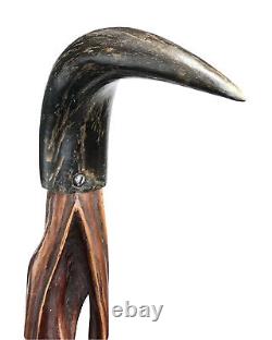 Vintage Antique UnusualFolk Art Horn Handle Carved Wood Knob Walking Stick Cane