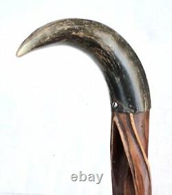 Vintage Antique UnusualFolk Art Horn Handle Carved Wood Knob Walking Stick Cane