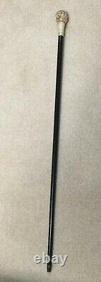 Vintage Antique Walking Stick Cane With Carved Bone Asian Faces Handle
