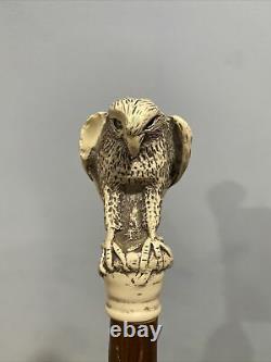 Vintage Antique Walking Stick Cane With Carved Bone Eagle With Fish Handle