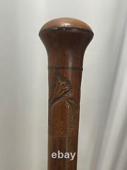 Vintage Antique Wood Cane / Walking Stick with Carved Flowers Decoration