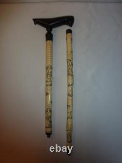 Vintage Asian Hand Carved Scrimshaw Walking Stick Cane Wood Carved Handle 34