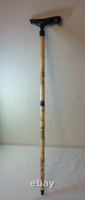 Vintage Asian Hand Carved Scrimshaw Walking Stick Cane Wood Carved Handle 34