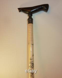 Vintage Asian Hand Carved Scrimshaw Walking Stick Cane Wood Carved Handle 34