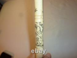 Vintage Asian Hand Carved Scrimshaw Walking Stick Cane Wood Carved Handle 34