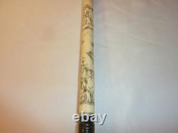 Vintage Asian Hand Carved Scrimshaw Walking Stick Cane Wood Carved Handle 34
