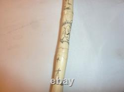 Vintage Asian Hand Carved Scrimshaw Walking Stick Cane Wood Carved Handle 34