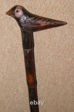 Vintage Bamboo Walking Stick / Cane Hand-Carved Shaft & Bird Top With Glass Eyes