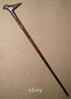 Vintage Bamboo Walking Stick / Cane Hand-Carved Shaft & Bird Top With Glass Eyes