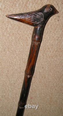 Vintage Bamboo Walking Stick / Cane Hand-Carved Shaft & Bird Top With Glass Eyes