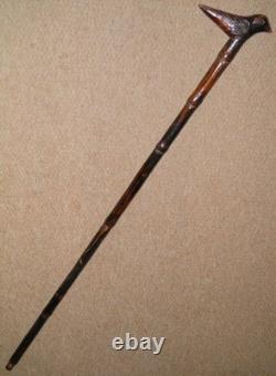 Vintage Bamboo Walking Stick / Cane Hand-Carved Shaft & Bird Top With Glass Eyes