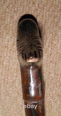 Vintage Bamboo Walking Stick / Cane Hand-Carved Shaft & Bird Top With Glass Eyes