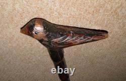 Vintage Bamboo Walking Stick / Cane Hand-Carved Shaft & Bird Top With Glass Eyes