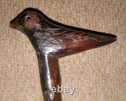 Vintage Bamboo Walking Stick / Cane Hand-Carved Shaft & Bird Top With Glass Eyes