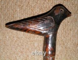 Vintage Bamboo Walking Stick / Cane Hand-Carved Shaft & Bird Top With Glass Eyes