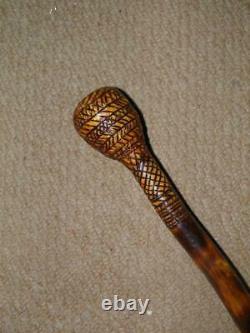 Vintage Bramble Rustic Walking Stick With Hand-Carved Patterns & Pommel Top 87cm