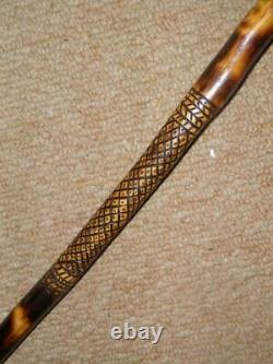 Vintage Bramble Rustic Walking Stick With Hand-Carved Patterns & Pommel Top 87cm