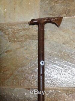 Vintage Cane Walking Stick With Hand Carved Eagle & Tomahawk Handle & Shaft @34