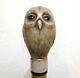 Vintage Carved Bone Owl with Glass Eyes Handle Wood Walking Stick, 36 1/2 Inches