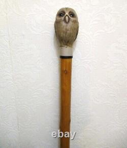 Vintage Carved Bone Owl with Glass Eyes Handle Wood Walking Stick, 36 1/2 Inches