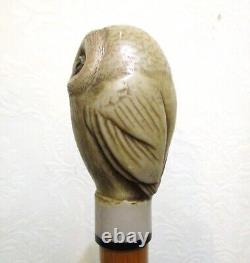 Vintage Carved Bone Owl with Glass Eyes Handle Wood Walking Stick, 36 1/2 Inches