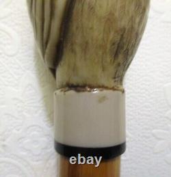 Vintage Carved Bone Owl with Glass Eyes Handle Wood Walking Stick, 36 1/2 Inches