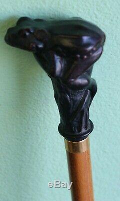 Vintage Carved Dark Wood Handled Frog Walking Stick