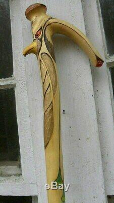 Vintage Carved Eagle Walking Stick Unusual With Embellishments And Initialed