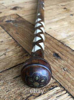 Vintage Carved Exotic Wood Turkish/Asian MOP Swagger Knob Walking Stick Cane