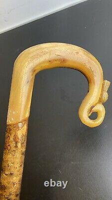 Vintage Carved Horn Shepherd's Crook Walking Stick Scottish Thistle