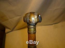 Vintage Carved Horn or Antler Dog Head Walking Stick Cane
