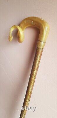 Vintage Carved Rams Horn Handle Walking Stick Shepherds Crook 52 Curled Arrow