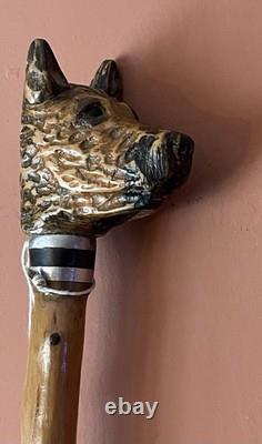 Vintage Carved Resin Dog Head Walking Cane Glass Eyes 100cm