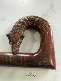 Vintage Carved Walking Stick Fox Handle Floral Motif