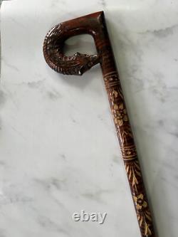 Vintage Carved Walking Stick Fox Handle Floral Motif