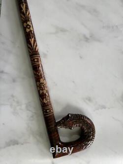 Vintage Carved Walking Stick Fox Handle Floral Motif