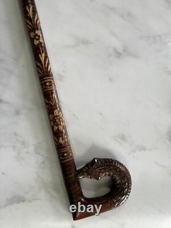 Vintage Carved Walking Stick Fox Handle Floral Motif