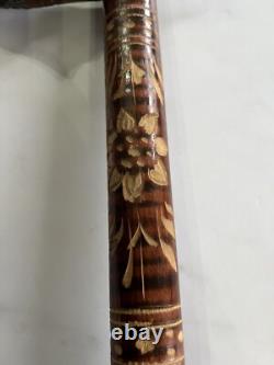 Vintage Carved Walking Stick Fox Handle Floral Motif