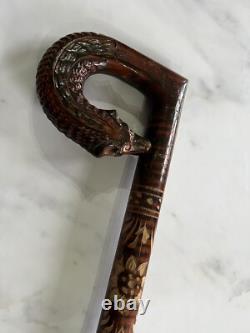 Vintage Carved Walking Stick Fox Handle Floral Motif