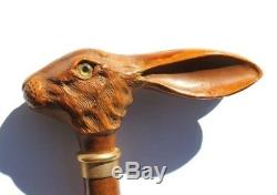 Vintage Carved Wood Animal Rabbit Head Walking Stick Cane Glass Eyes Ex Cond