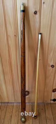 Vintage Carved Wood & Brass Walking Stick/Cane & Hidden Pool Cue NICE