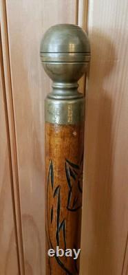 Vintage Carved Wood & Brass Walking Stick/Cane & Hidden Pool Cue NICE