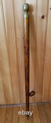 Vintage Carved Wood & Brass Walking Stick/Cane & Hidden Pool Cue NICE