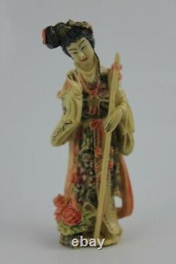 Vintage Chinese Woman Statute Walking Stick Hand Carved Polystone 16cm Signed