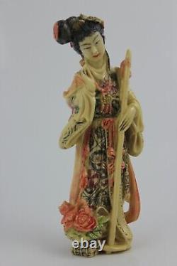 Vintage Chinese Woman Statute Walking Stick Hand Carved Polystone 16cm Signed